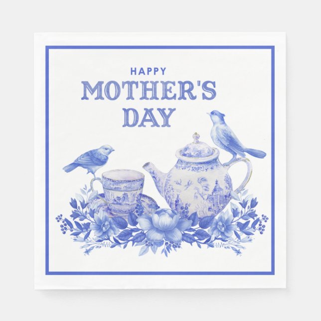 Blue and White Floral Tea Pot | Mother's Day Napkins (Front)