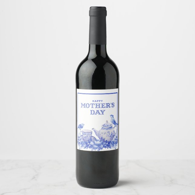 Blue and White Floral Tea Pot | Mother's Day Wine Label (Front)