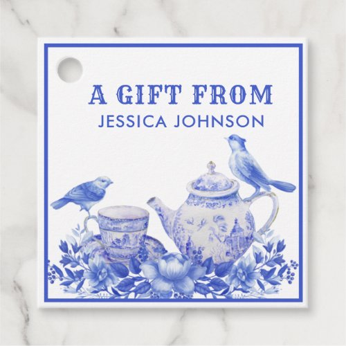 Blue and White Floral Tea Pot  Personalized  Favor Tags