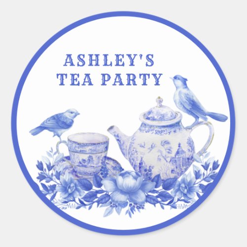 Blue and White Floral Tea Pot with Birds  Classic  Classic Round Sticker