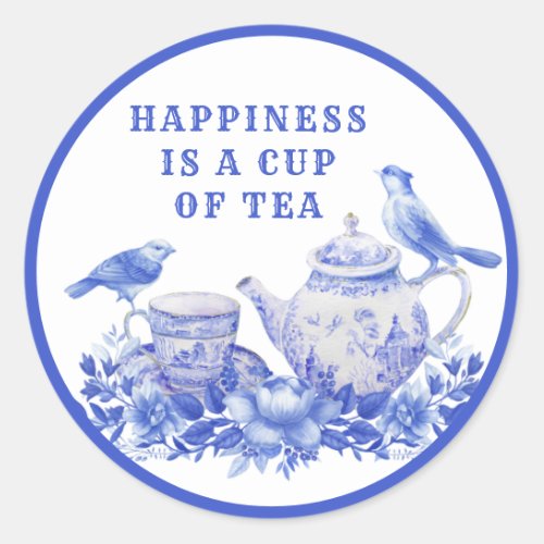 Blue and White Floral Tea Pot with Birds  Classic  Classic Round Sticker