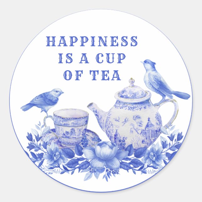 Blue and White Floral Tea Pot with Birds  Classic  Classic Round Sticker (Front)
