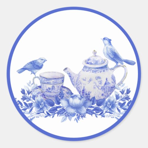 Blue and White Floral Tea Pot with Birds  Classic Round Sticker