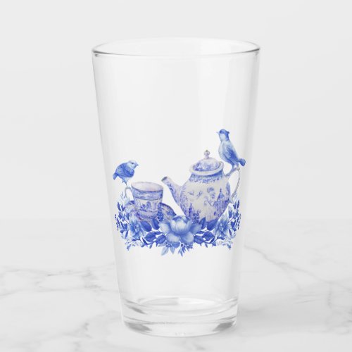 Blue and White Floral Tea Pot with Birds Glass