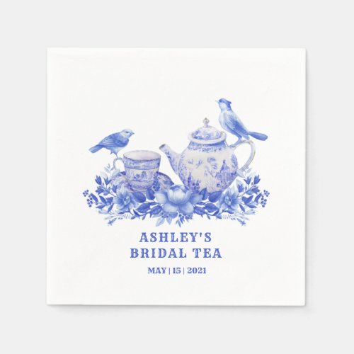Blue and White Floral Tea Pot with Birds  Napkins