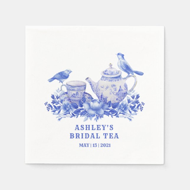 Blue and White Floral Tea Pot with Birds  Napkins (Front)