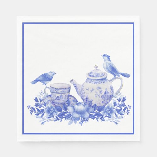 Blue and White Floral  Tea Pot with Birds Napkins