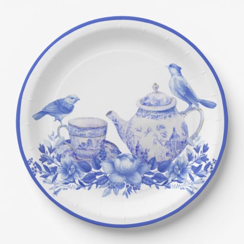 Blue and White Floral Tea Pot with Birds Paper Plates