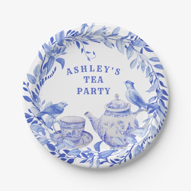 Blue and White Floral Tea Pot with Birds  Paper Plates (Front)
