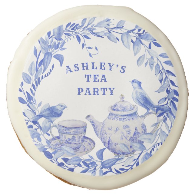 Blue and White Floral Tea Pot with Birds Sugar Cookie (Front)