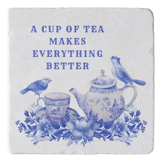 Blue and White Floral Tea Pot with Birds Trivet (Front)