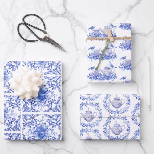 Blue and White Floral Tea Pot with Birds Wrapping Paper Sheets