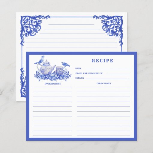 Blue and White Floral Tea Set Recipe Card Zazzle