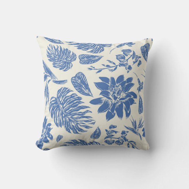 Blue and White Floral Throw Pillow (Front)