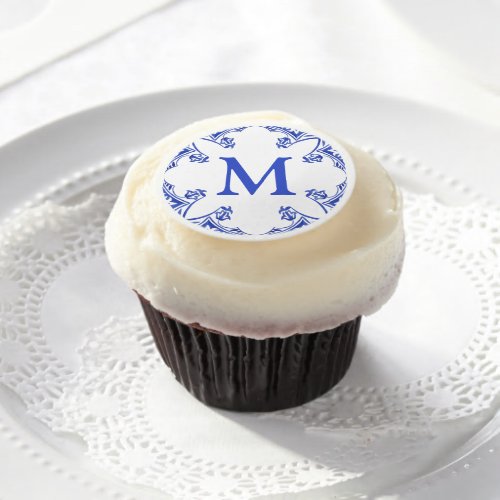 Blue and White Floral Tile Monogram Edible Frosting Rounds