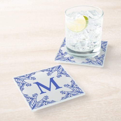 Blue and White Floral Tile Monogram Glass Coaster