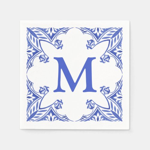 Blue and White Floral Tile Monogram Napkins