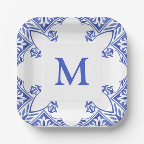 Blue and White Floral Tile Monogram Napkins Paper Plates
