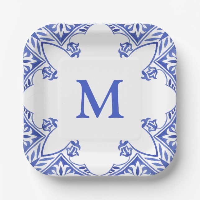 Blue and White Floral Tile Monogram Napkins Paper Plates (Front)