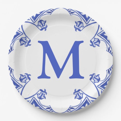 Blue and White Floral Tile Monogram Paper Plates