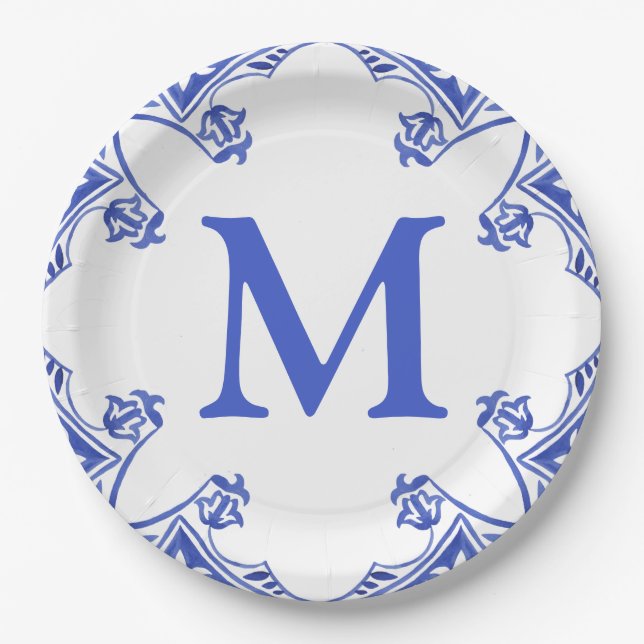 Blue and White Floral Tile Monogram Paper Plates (Front)