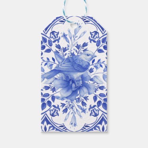 Blue and White Floral Tile with Bird  Gift Tags