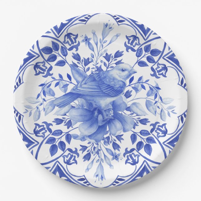 Blue and White Floral Tile with Bird Paper Plates (Front)