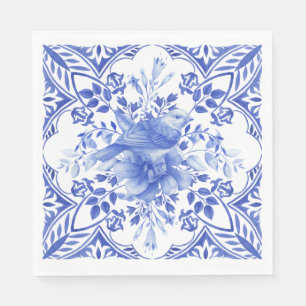 Blue and White Floral Tile with Birds Napkins
