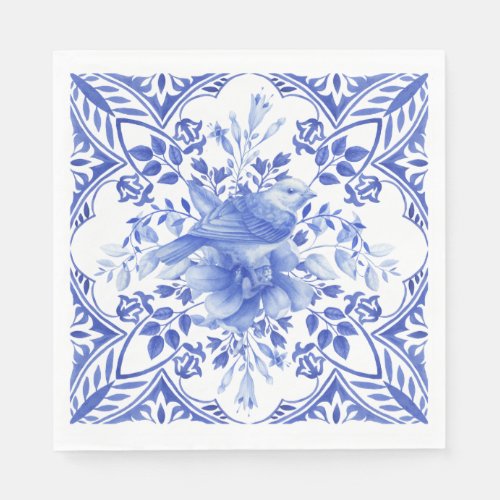 Blue and White Floral Tile with Birds Napkins