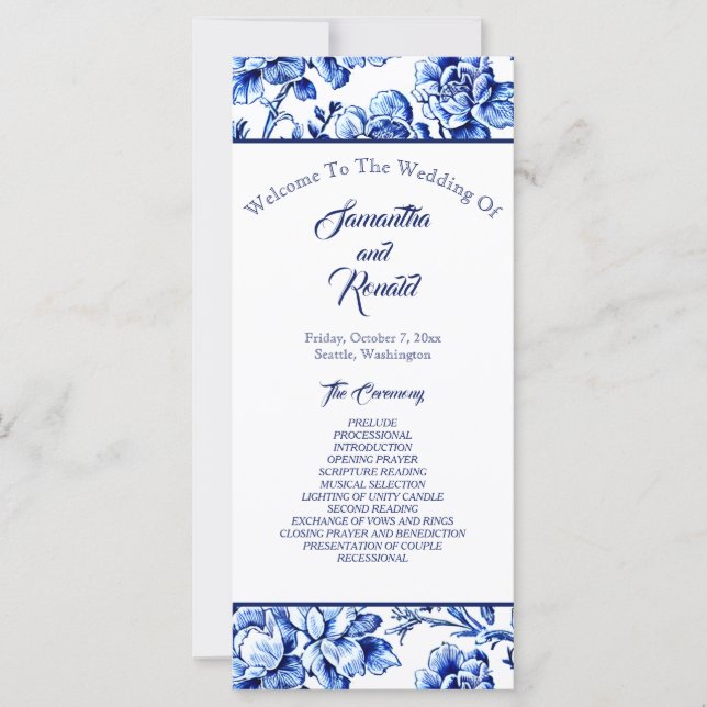 Blue and White Floral Toile Wedding Program (Front)