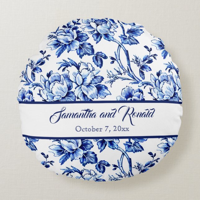 Blue and White Floral Toile Wedding Round Pillow (Front)