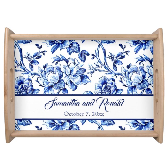 Blue and White Floral Toile Wedding Serving Tray (Front)