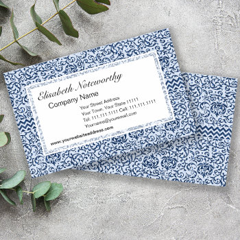 Blue And White Floral Tudor Damask Vintage Style Business Card by DivineDamask at Zazzle