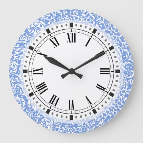 Blue and White Floral Tudor Damask Vintage Style Large Clock