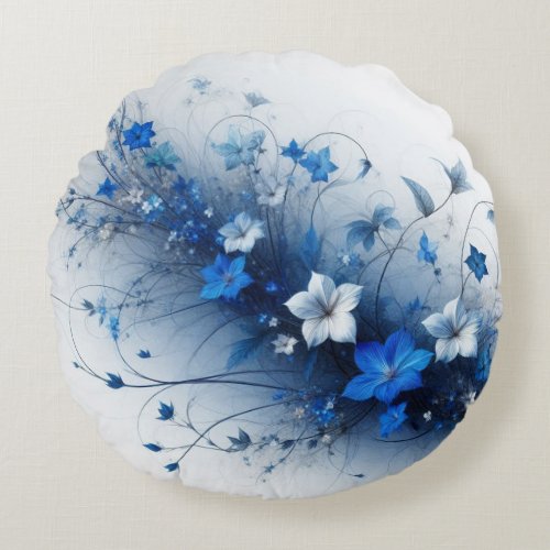 Blue and White Floral Vine  Round Pillow