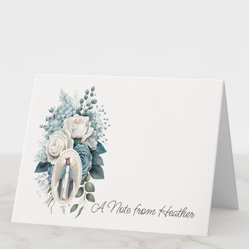 Blue and White Floral Virgin Mary Religious Note Card
