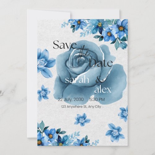 Blue and White Floral Watercolor Save the Date  Invitation