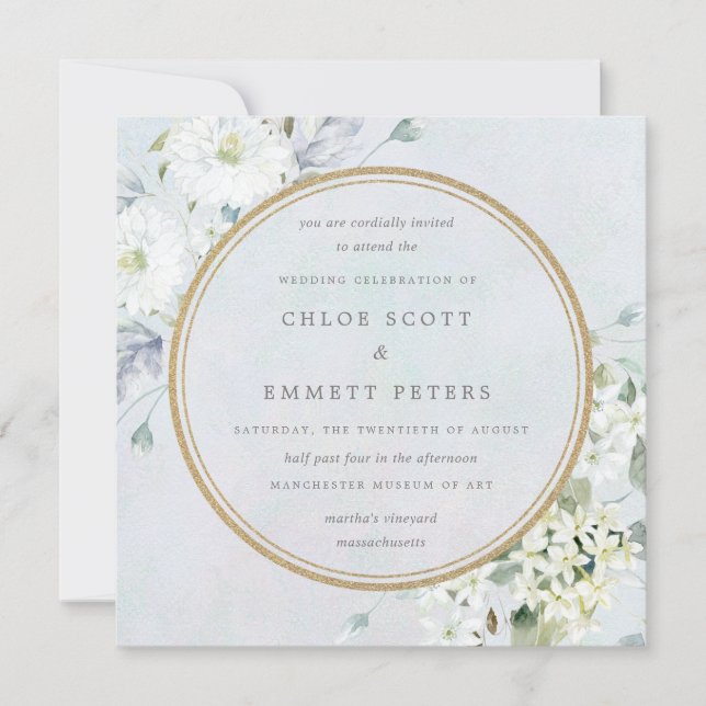 Blue and White Floral Watercolor Wedding Invitation (Front)