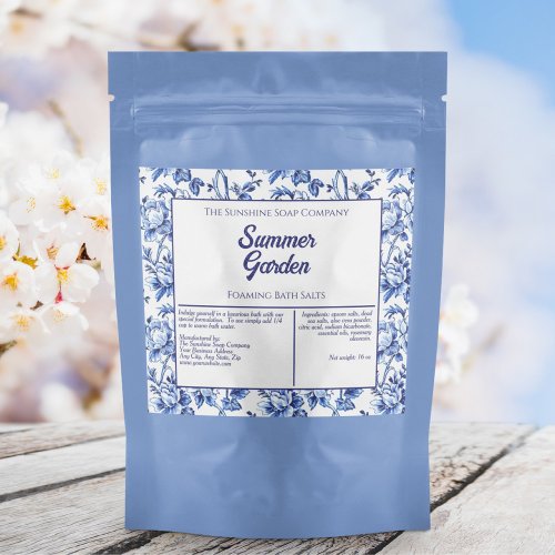 Blue and White Floral Waterproof Bath Salts Label