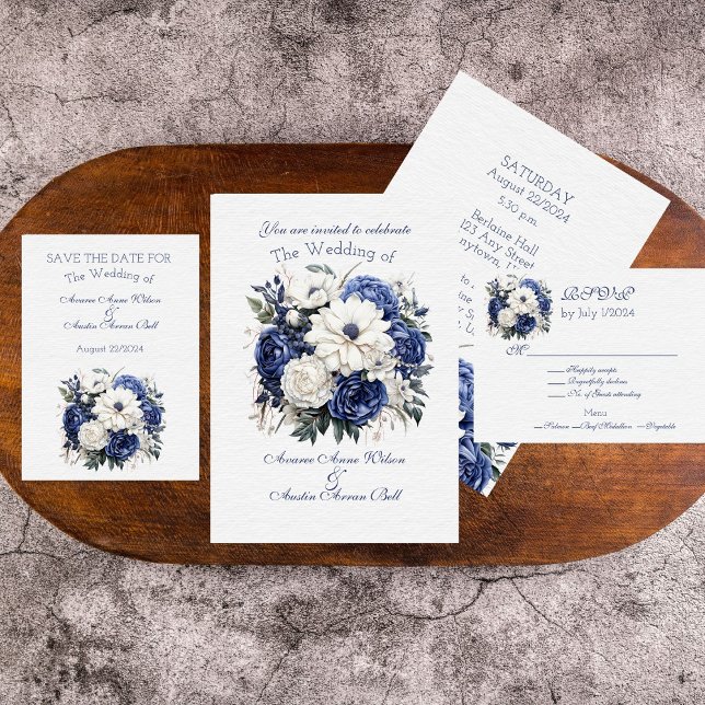 Blue and White Floral Wedding Bouquet  Invitation (Creator Uploaded)