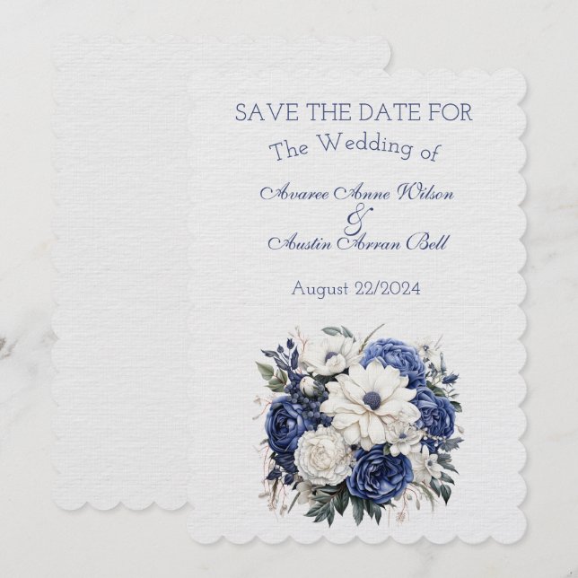 Blue and White Floral Wedding Bouquet  Save The Date (Front/Back)