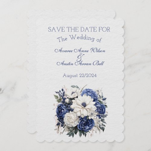 Blue and White Floral Wedding Bouquet  Save The Date