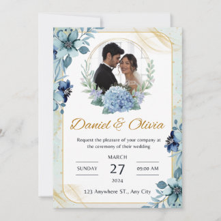 Blue and White Floral Wedding Invitation