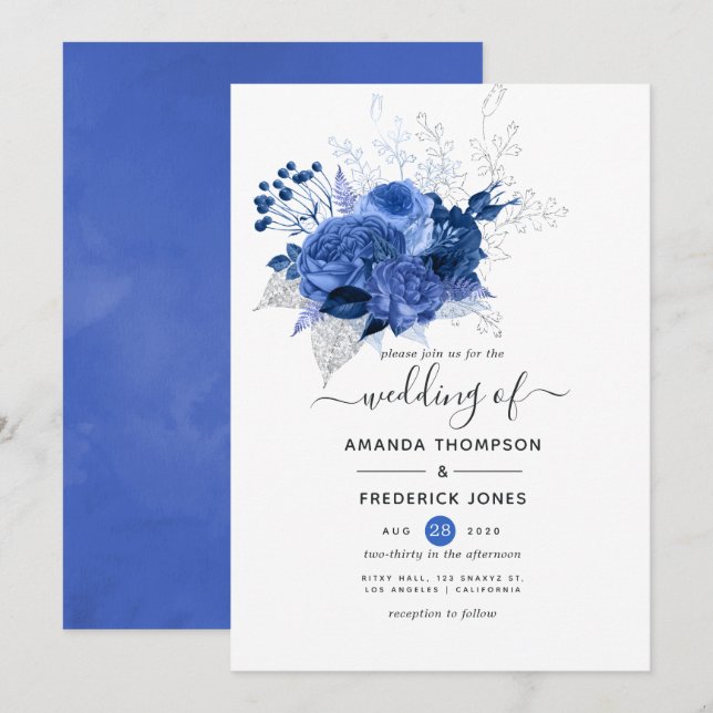 Blue and White Floral Wedding Invitation (Front/Back)