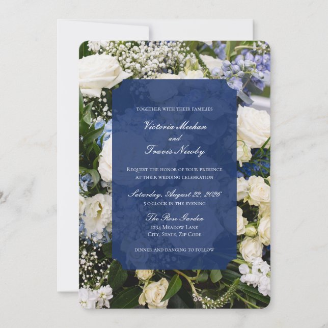 blue and white floral wedding invitation (Front)