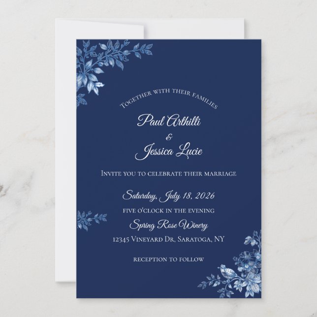 Blue and White Floral Wedding Invitation (Front)