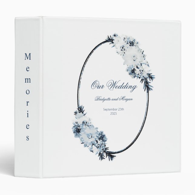 Blue and White Floral Wedding Memories 3 Ring Binder (Front/Spine)