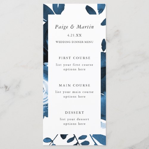 Blue and White Floral Wedding Menu Card