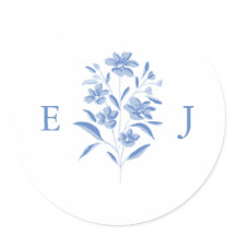 Blue and White Floral Wedding Monogram Sticker