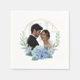 Blue and White Floral Wedding Photo Napkins